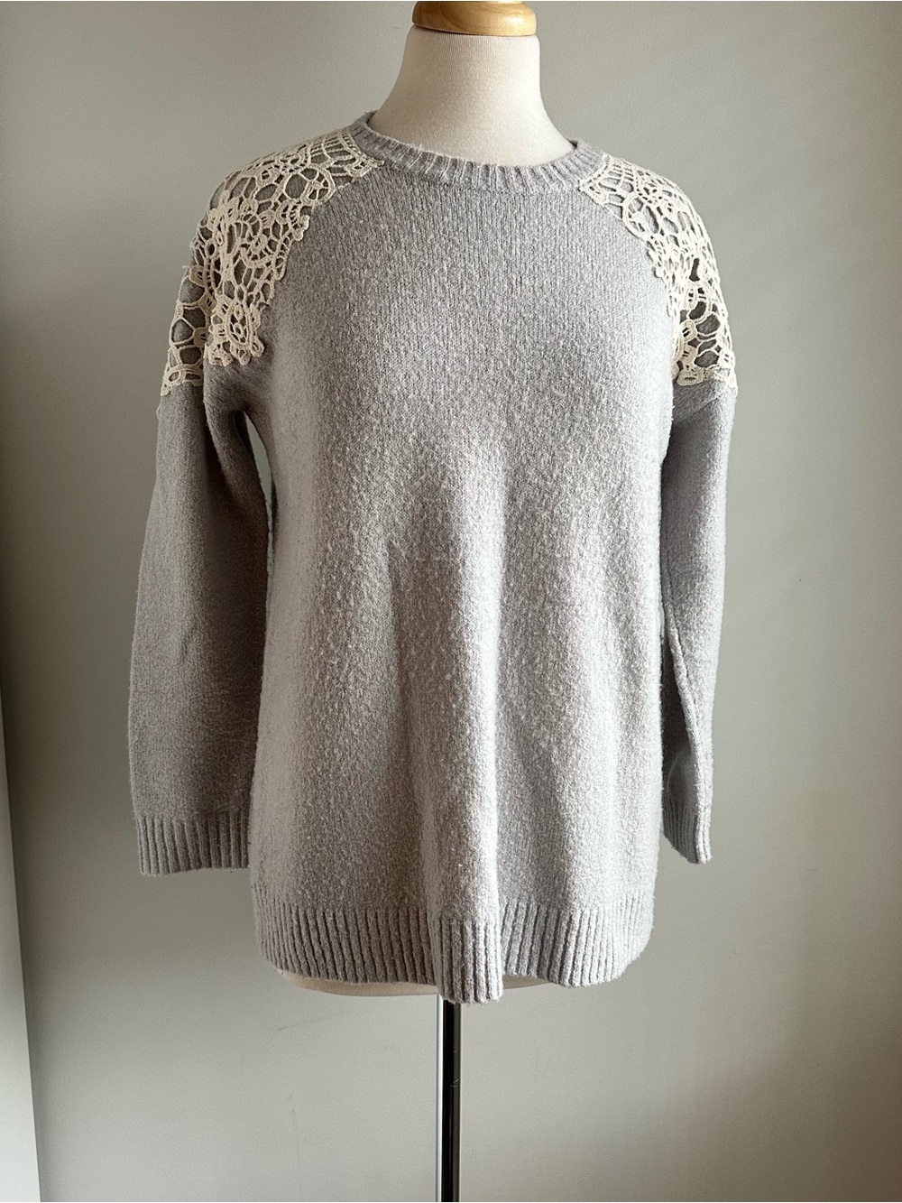 Forever 21 Gray Sweater with Cream Crochet Shoulder Detail S